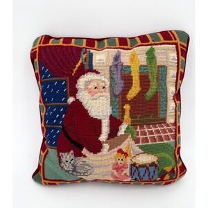 Christmas Needlepoint Throw Pillow Santa Toys Stockings‎ Red Wool Velvet